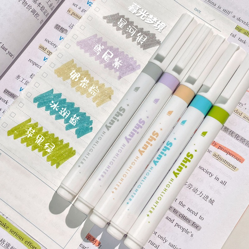 

5pcs / Set Spidol Highlighter Dua Sisi Warna Bling Untuk Menulis / Menggambar / Album / pulpen aesthetic stabilo macaron gliter