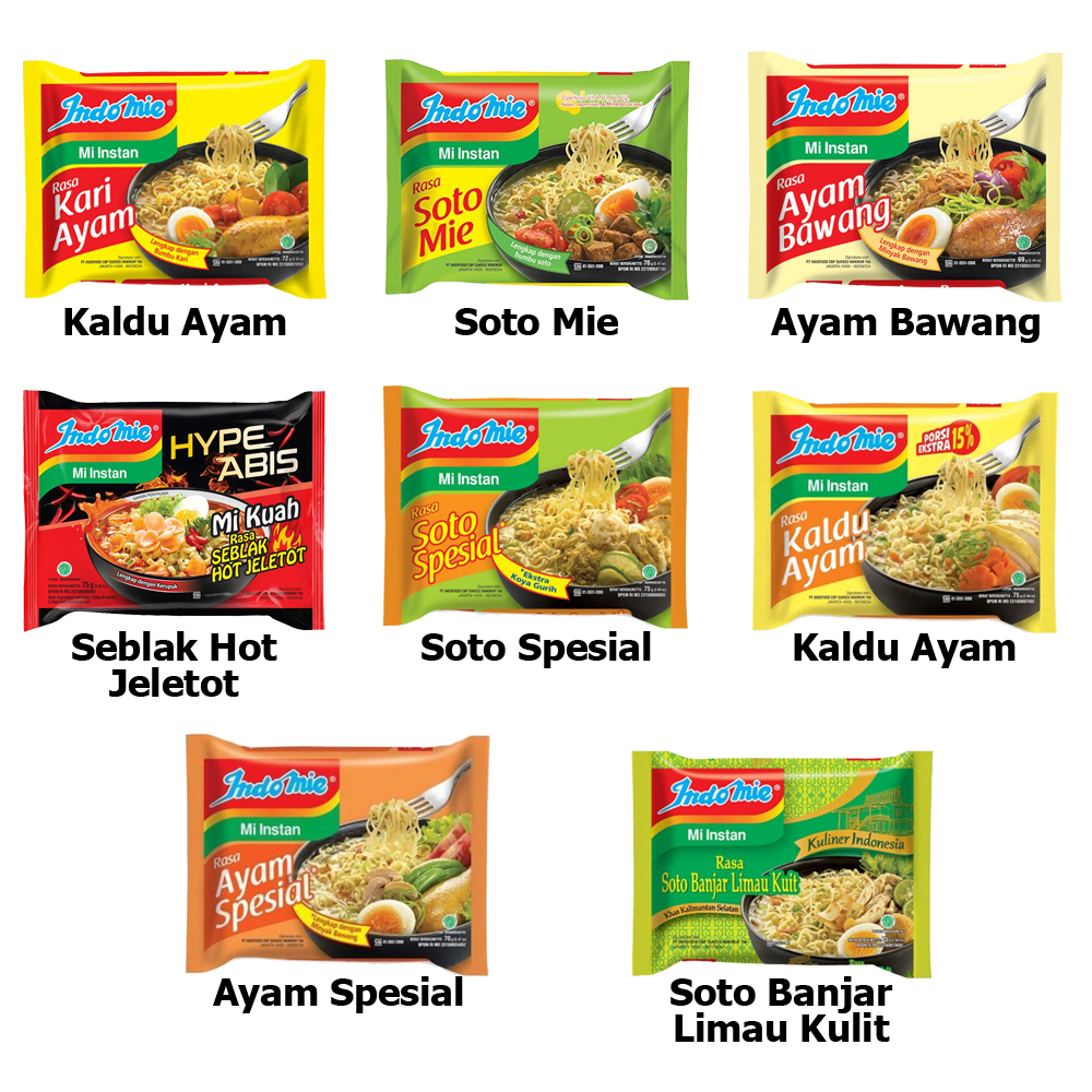 

Indomie Kuah Rasa Kari Ayam / Soto Mie / Ayam Bawang / Hyper Seblak Hot Jeletot / Soto Spesial / Kaldu Ayam / Ayam Spesial / Soto Banjar