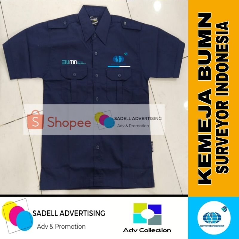 Kemeja Surveyor Indonesia Seragam BUMN Surveyor Indonesia Navy PDH Lengan Pendek Pria Bordir