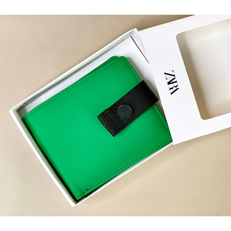 ZARA Wallet Button Dompet Soft Leather Green Button Original