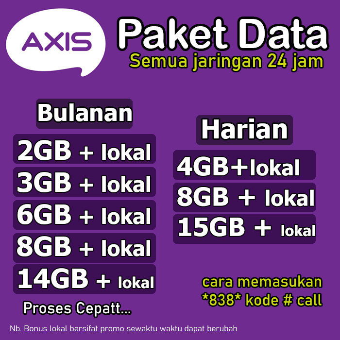 VOUCER PAKET DATA KUOTA INTERNET AXIS BRONET AIGO MURAH 1GB 2GB 6GB 10G