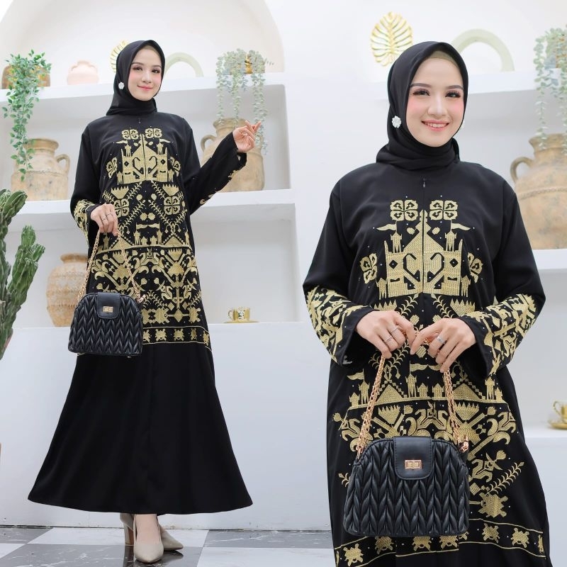 BANAT ABAYA EXCLUSIVE GAMIS ARAB SAUDI HITAM BORDIR TURKI UMROH TURKEY ABAYA AINUN GOLD BUSUI