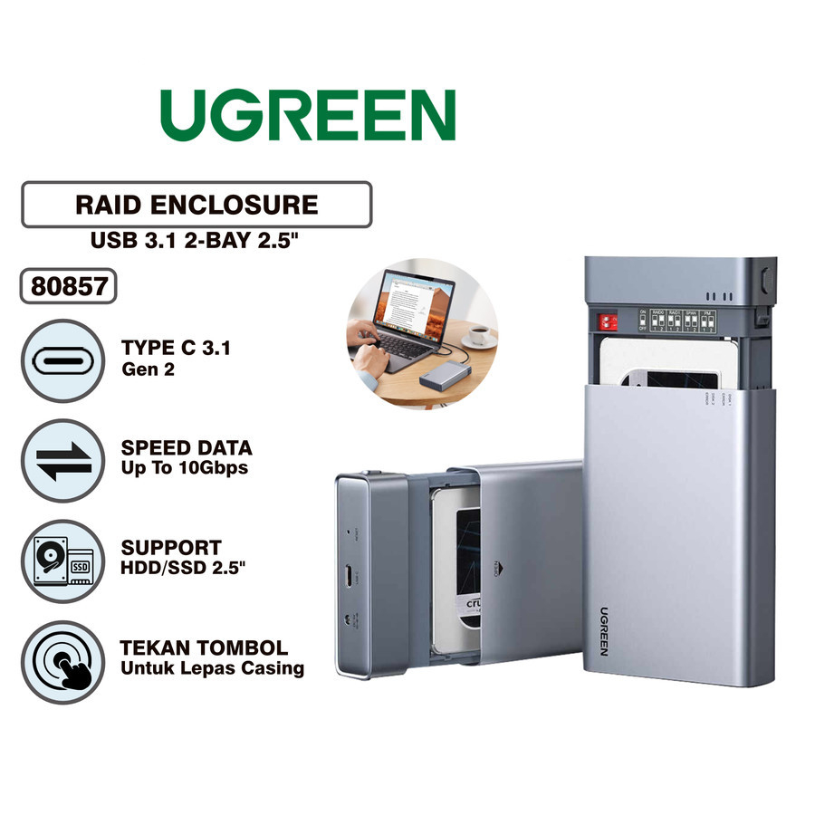 Enclosure Hard Drive UGREEN USB C 3.1 To 2.5inch Dual Bay RAID - 80857