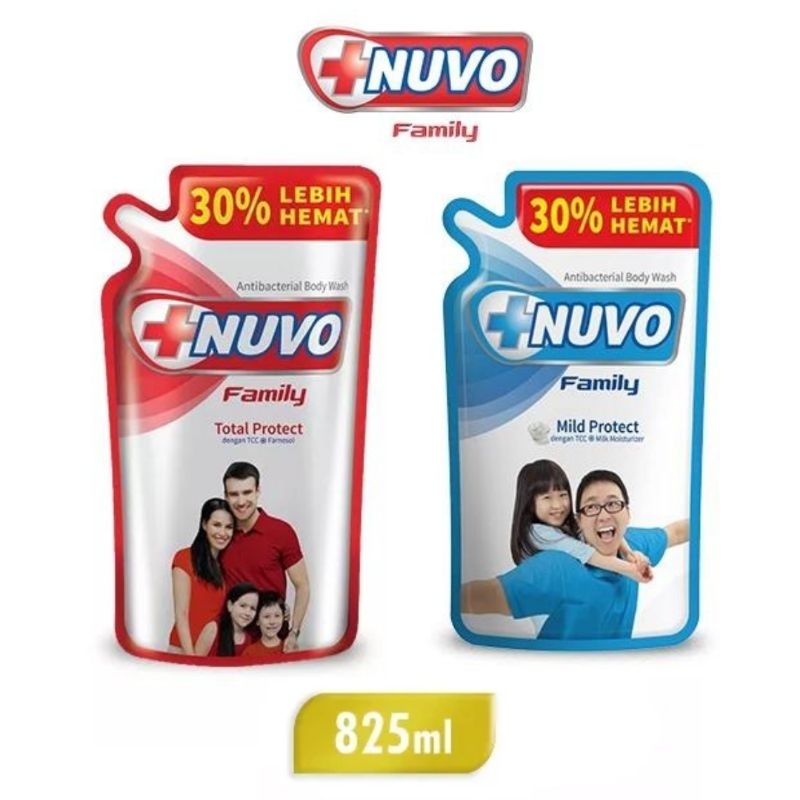 NUVO sabun cair 825 ml pouch mild protect total protect hitam dan biru