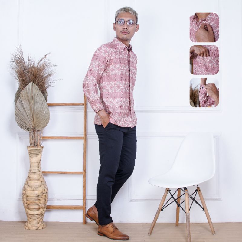 Kemeja BATIK pancha pria lengan panjang katun solo ROSE PINK REGULER PRINTING PREMIUM Batik modern