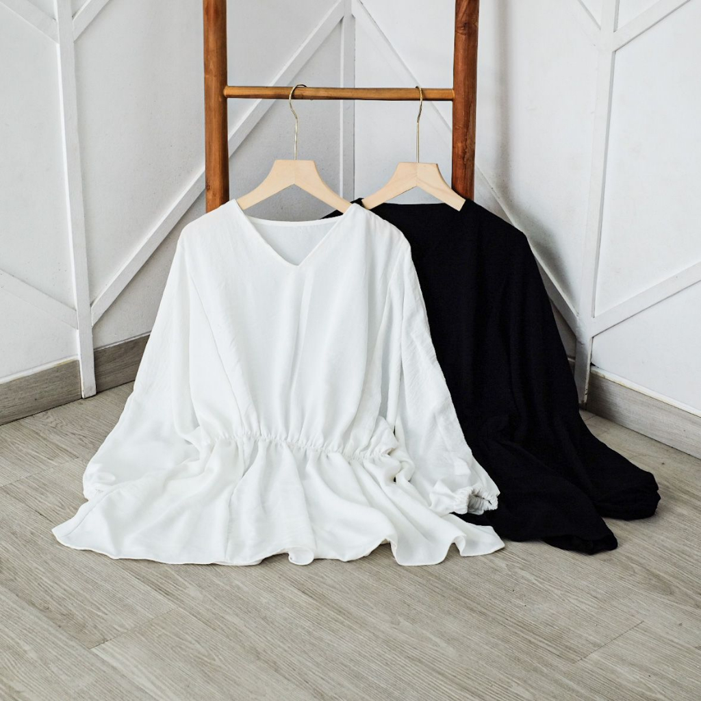 Baju Atasan Blouse Blus Wanita Lengan Panjang Hitam Putih Crincle Korean Style