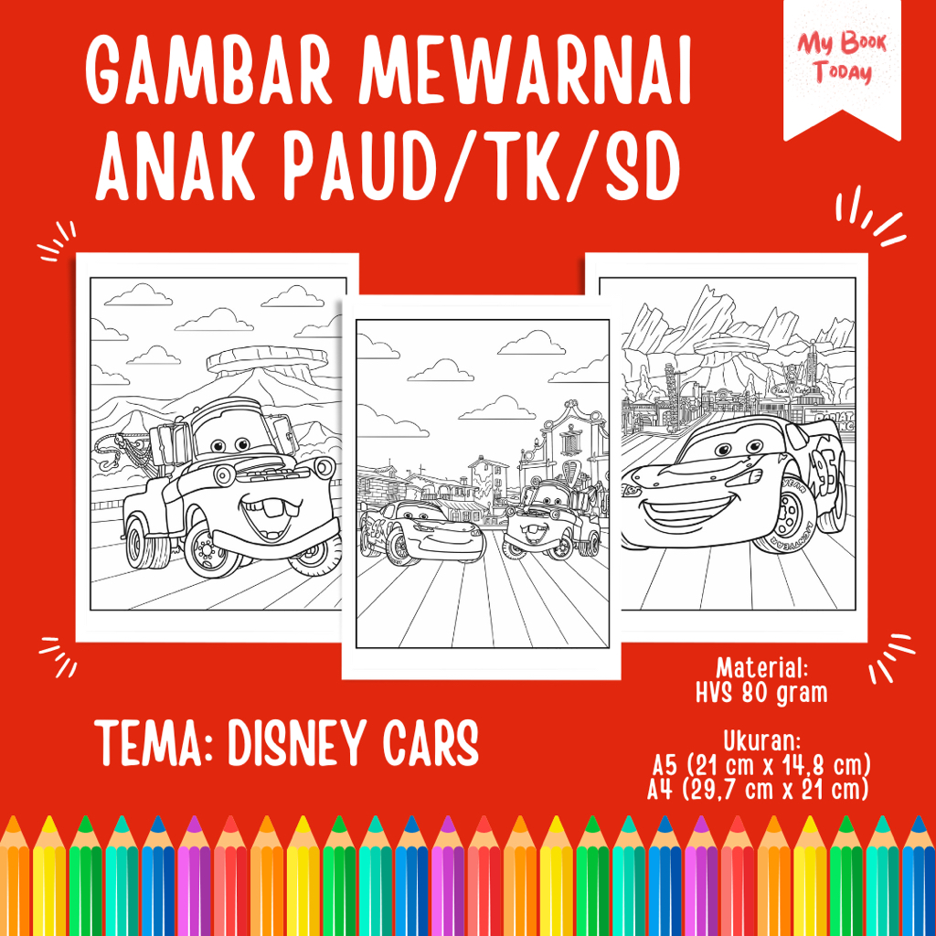 

[My Book Today] Lembar Kertas Sketsa Gambar Mewarnai untuk Anak Sekolah PAUD TK SD Tema Disney Cars