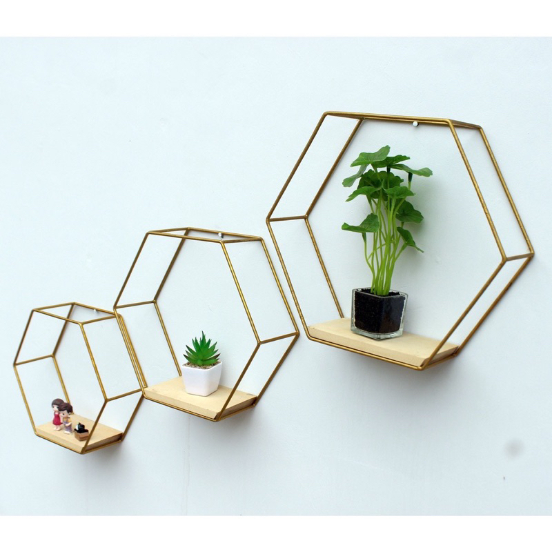 Rak Hexagonal Gold Hitam Putih Dekorasi Dinding Hiasan Interior Rumah isi 3 pcs