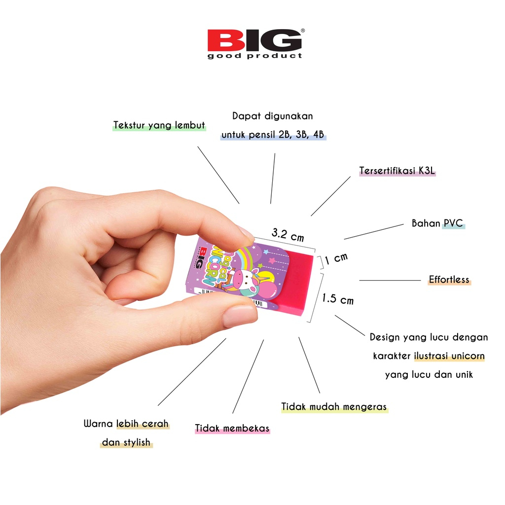 

1 PCS Penghapus / Eraser Pensil Warna Warni Kecil Dust Free Unicorn Series ER-9403U MERK BIG