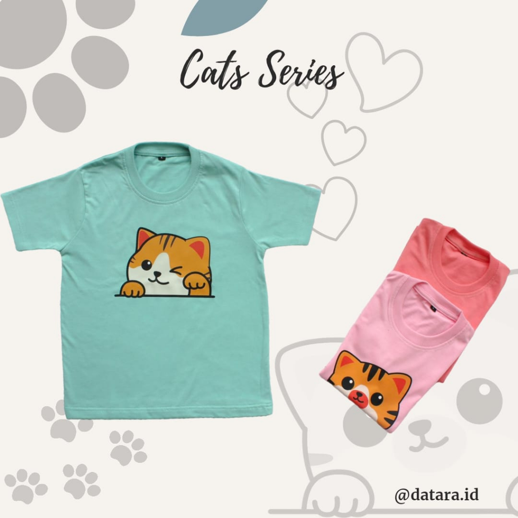 kaos anak perempuan bergambar kucing warna hijau tosca