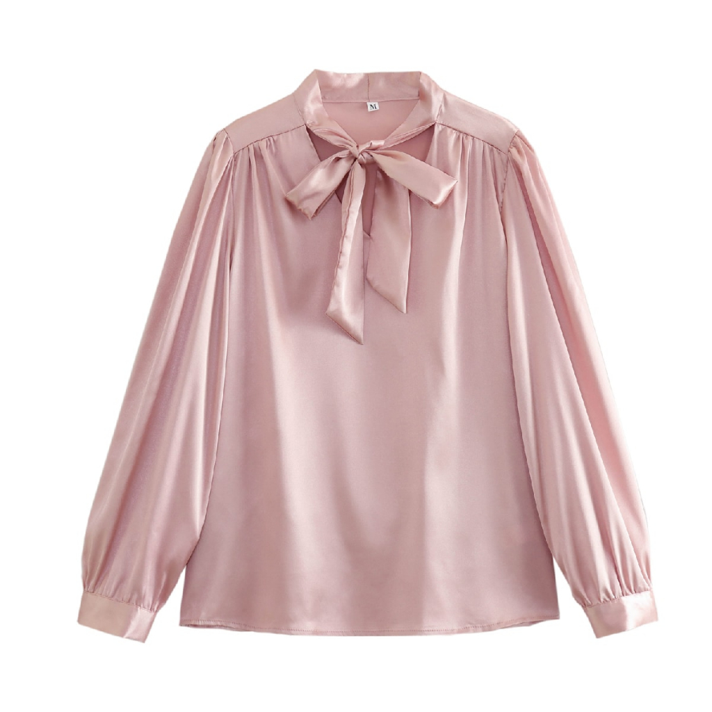 Blouse Wanita Polos Bahan Silky Pink Tie Neck Korean Basic Blouse