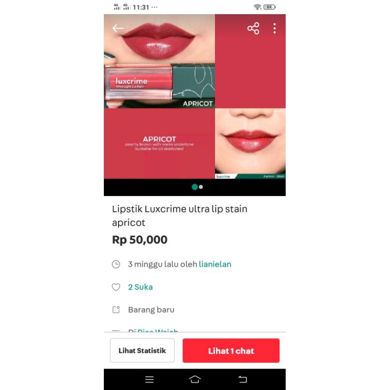 lipstik Luxcrime ultra lip stain apricot
