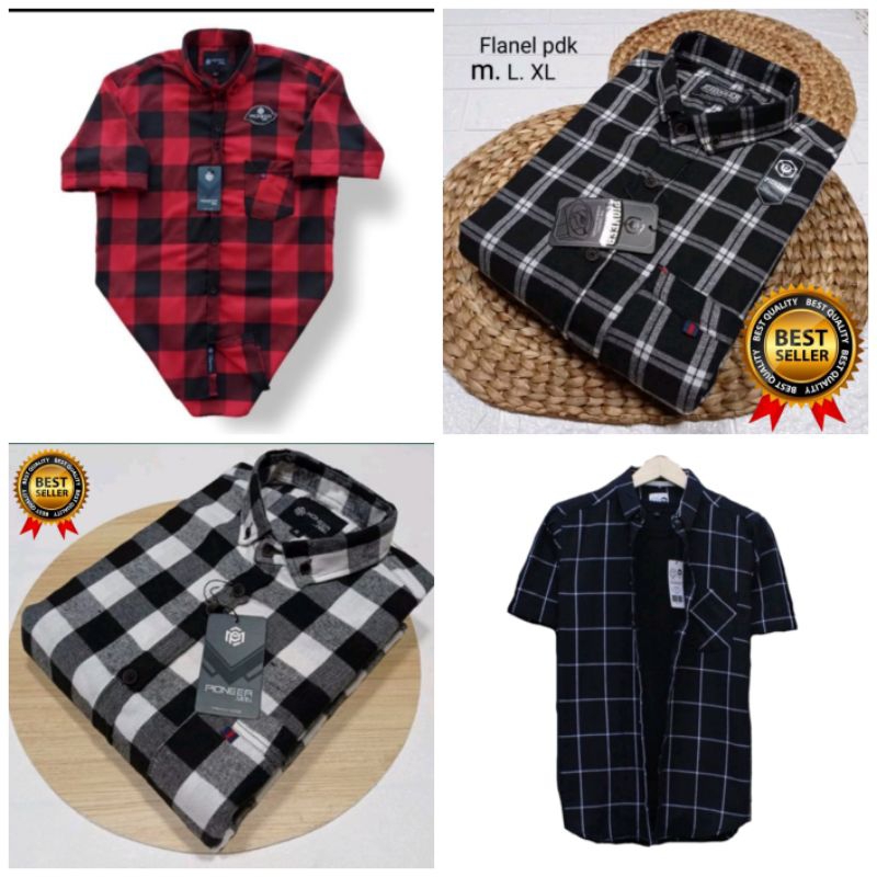 kemeja flanel lengan pendek pria kemko motif garis kotak catur abu merah hitam putih