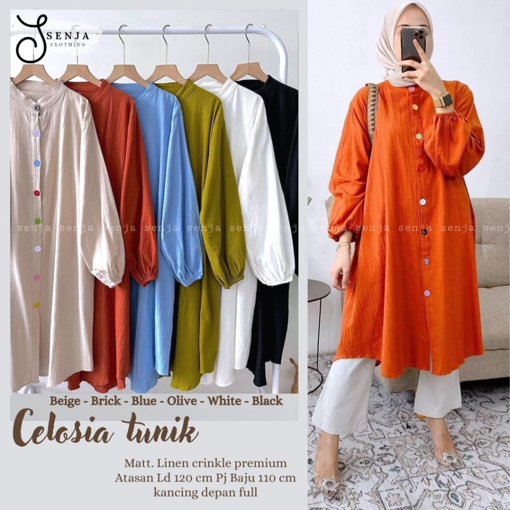 CELOSIA | ld 120 | Premium Linen Crincle | by SENJA | Atasan tunik wanita polos full kancing depan l