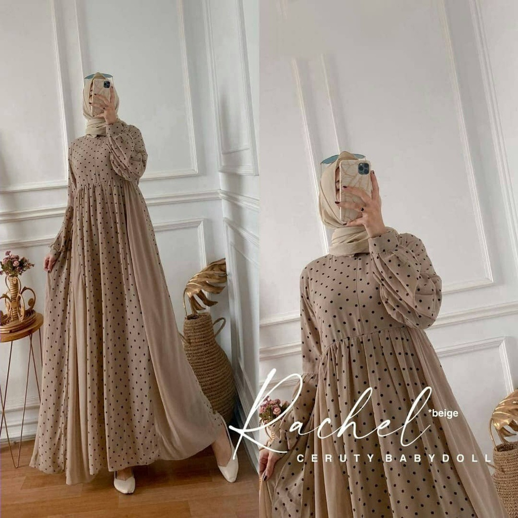 Gamis Wanita Dewasa Rachel Dress #2 BO Bahan Kain Ceruty Babydoll Polka SIze M L XL XXL Gamis Ceruty