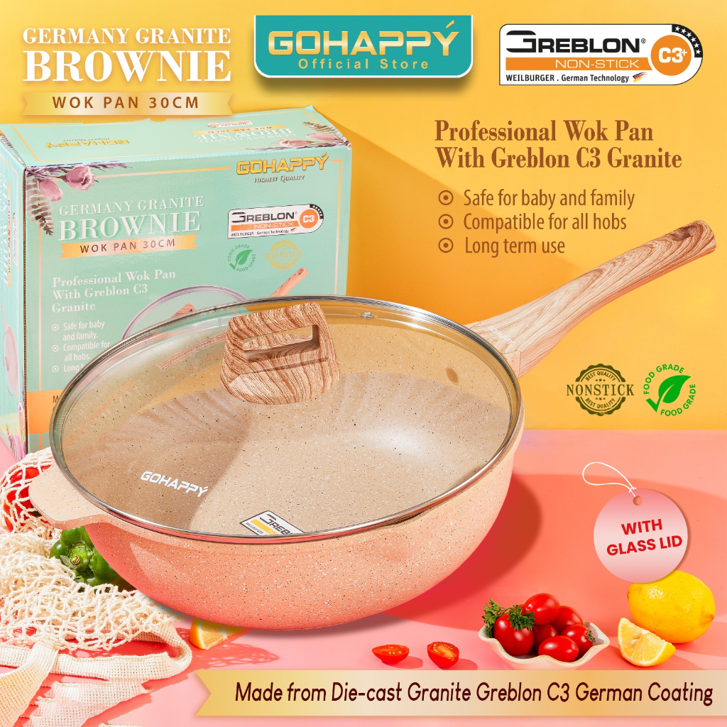 GOHAPPY GERMANY  PANCI Wok Pan 30cm + Tutup (Cool Brownie Color) Wajan Besar Anti Lengket From Jerma