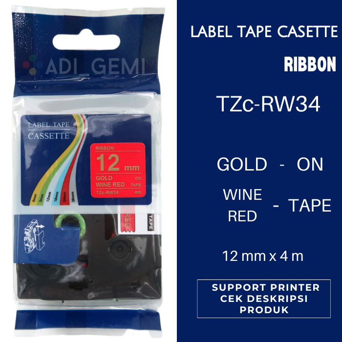

Compatible Label Tape Brother TZc-RW34 Gold On Wine Red 12mm