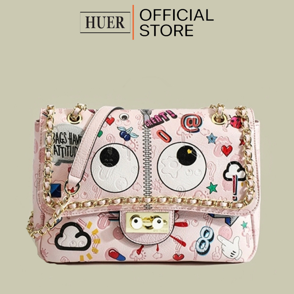 HUER ~ Tas Wanita Laudya Eye Theme Printed Embossed Shoulder Bag 9454-208Pink
