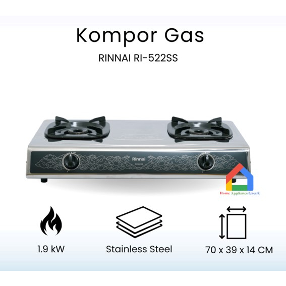 Kompor Rinnai 2 Tungku RI 522 SS / Rinnai Kompor RI522SS