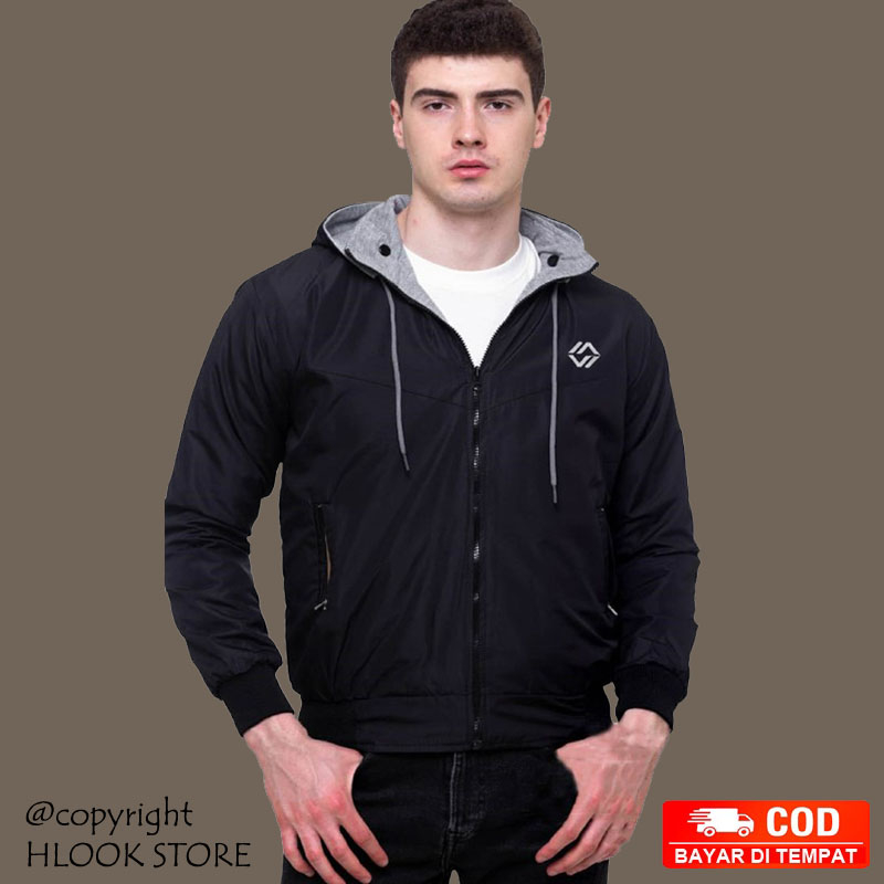 Jaket bomber basic acdc bolak balik unisex pria wanita waterproof big size jumbo L XL XXL outdoor ad