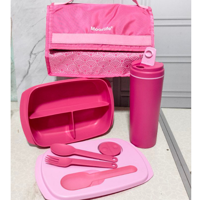 Moorlife Aventura Set & Tumbler Pink / Biru ( lunch box lengkap dapat cutleria, tumbler dan tas )