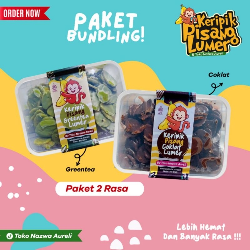 

Paket hemat 2 Rasa keripik Pisang Coklat Lumer greentea & darkcoklat