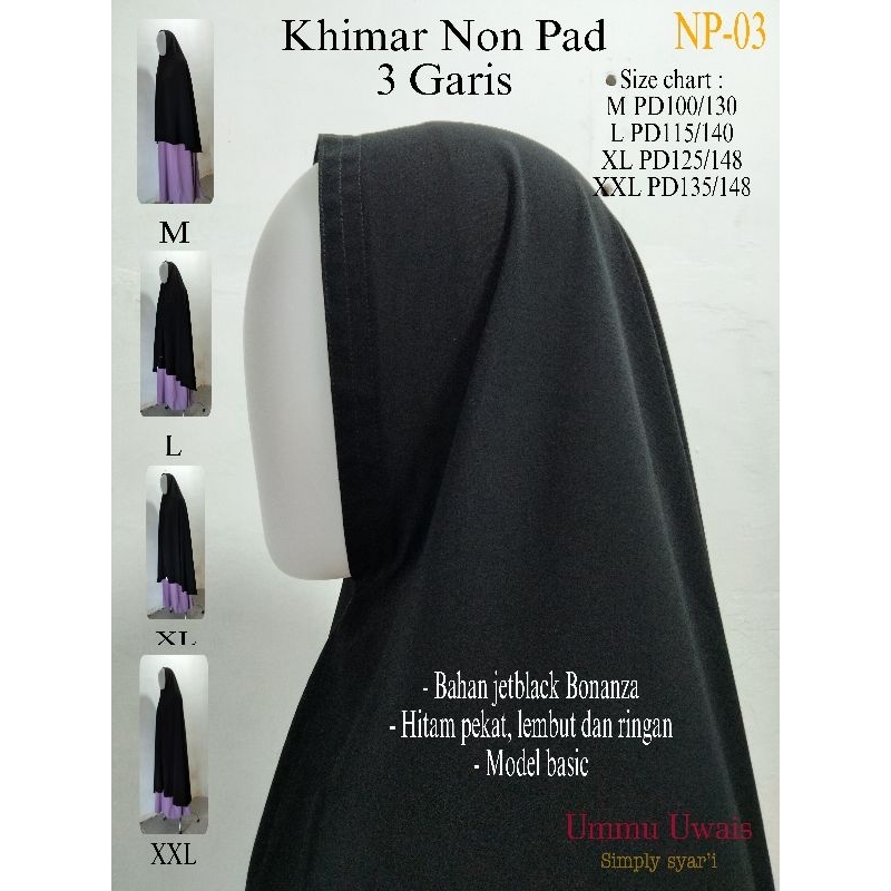 (FREE CADAR TALI / KARET) Khimar / Jilbab Jetblack Bonanza non pad 3 garis