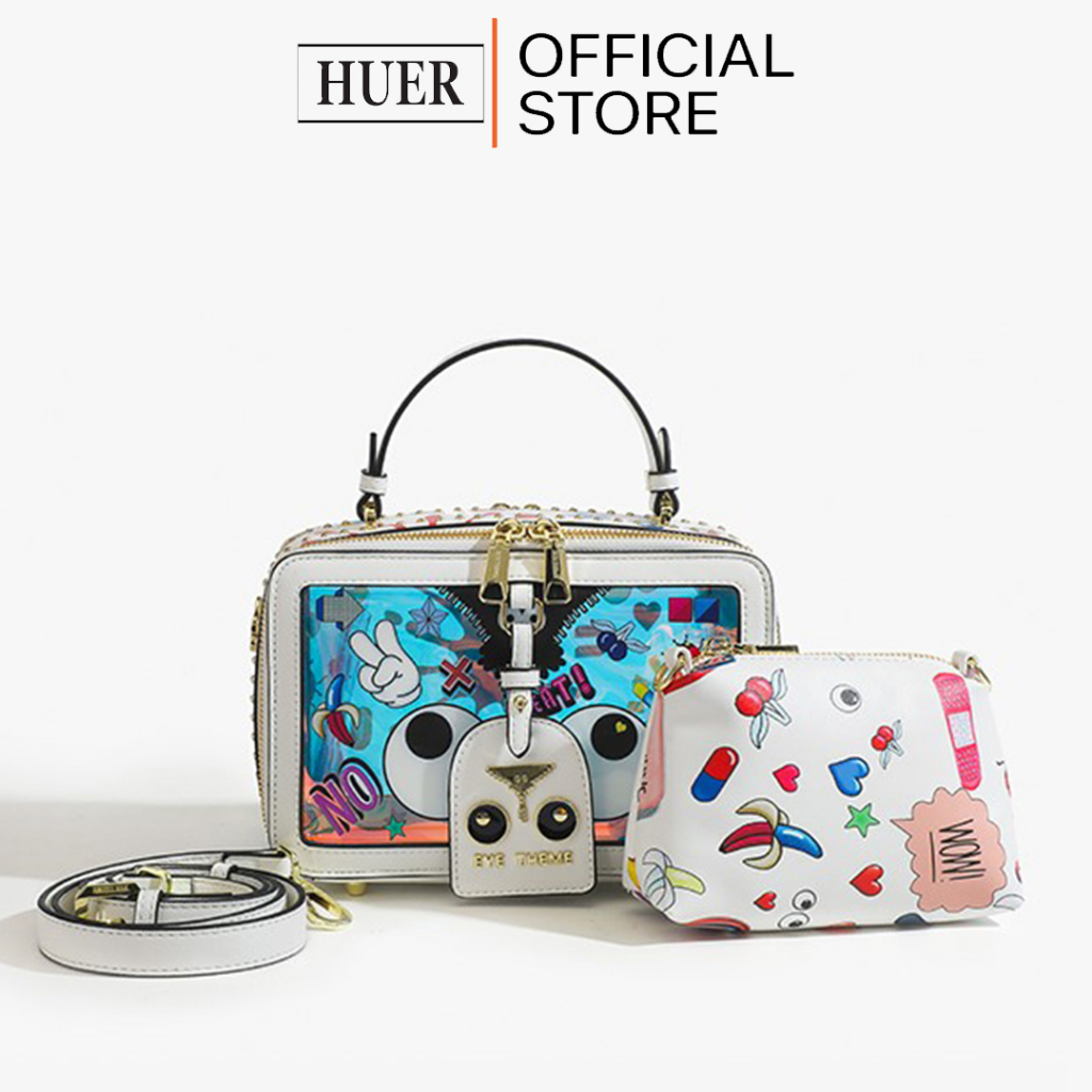 HUER ~ Tas Wanita Veilary Eye Theme Printed Hologram Sling Bag 9454-332White