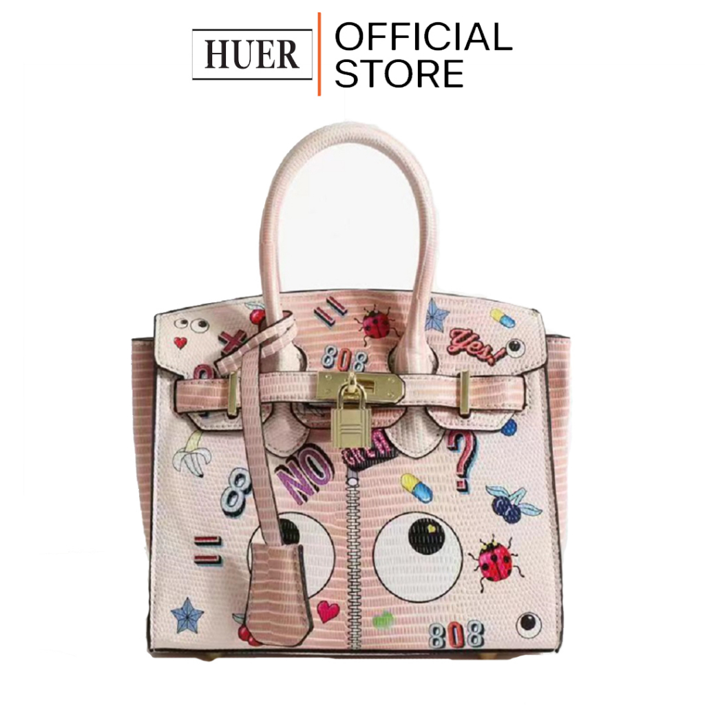 HUER ~ Tas Wanita Mourey Eye Theme Printed Reptile Embossed Tote Bag 9454-264Pink