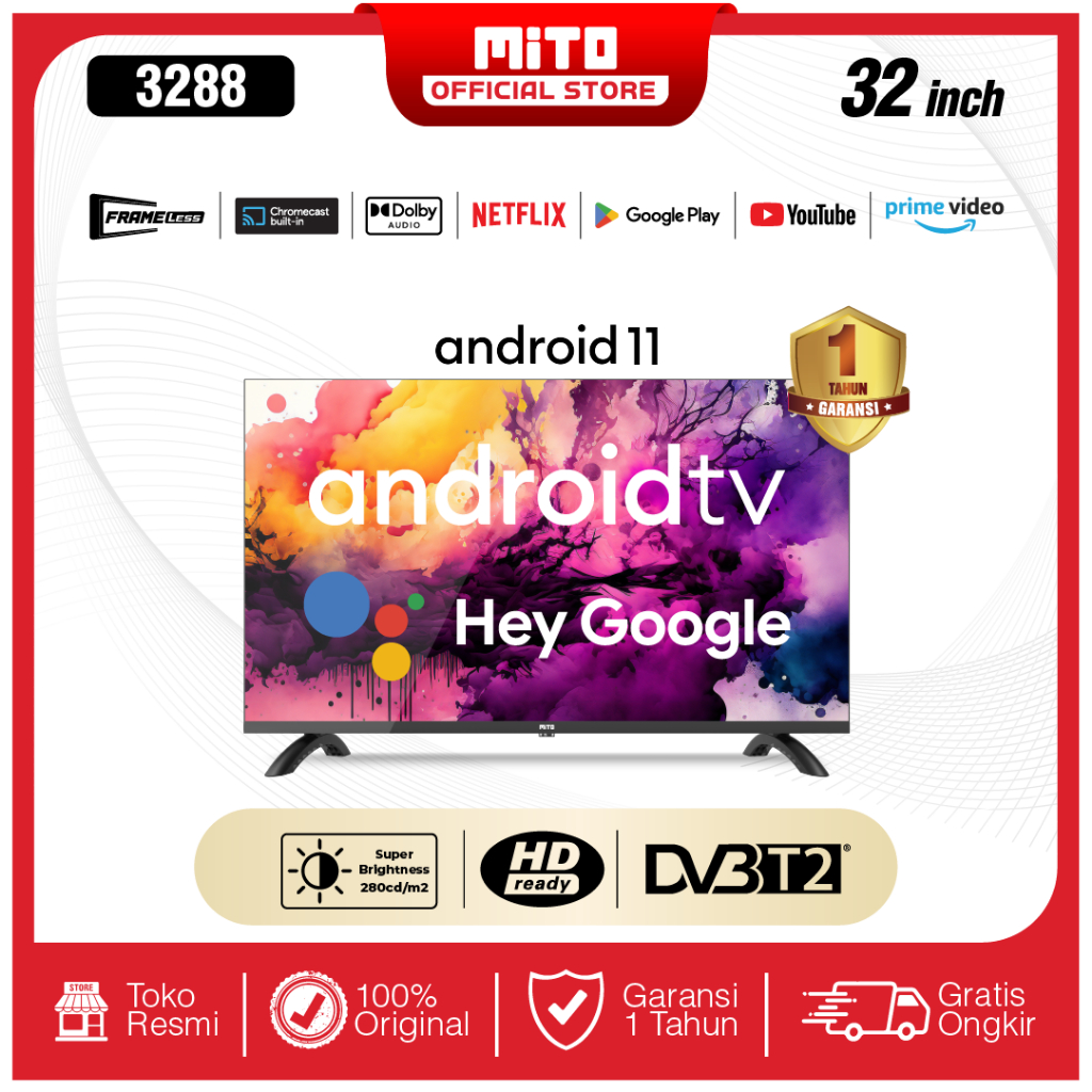 MITO Android TV 3288 32 inch- Android 11.0 – HD Ready - Voice Search/Google Play/Netflix/Youtube - WIFI/HDMI/Bluetooth/DVB-T2