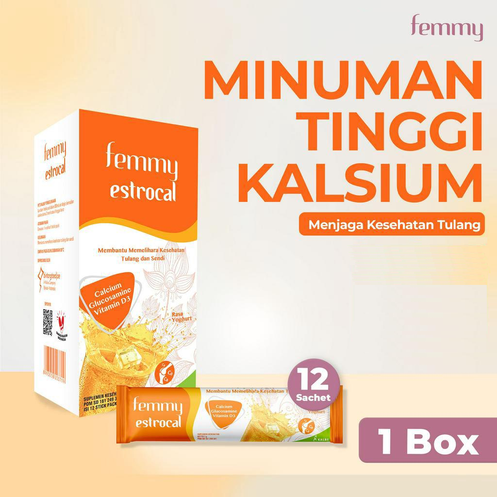 FEMMY Estrocal Box 7g x 12's - Suplemen Kalsium, Glucosamine, dan Vitamin D3 Untuk Memelihara Kesehatan Tulang dan Sendi