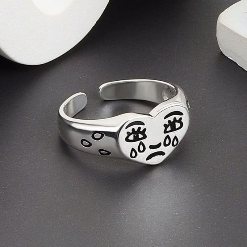 Crying Face Silver Ring | Cincin Perak Vintage Adjustable Cincin Pria Wanita, Retro Aesthetic Artsy