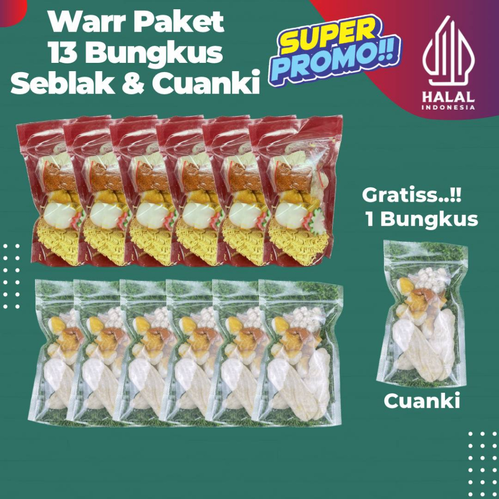 

Paket War 13 Bungkus 7 Bks Cuanki & 6 Bks Seblak instan Meal