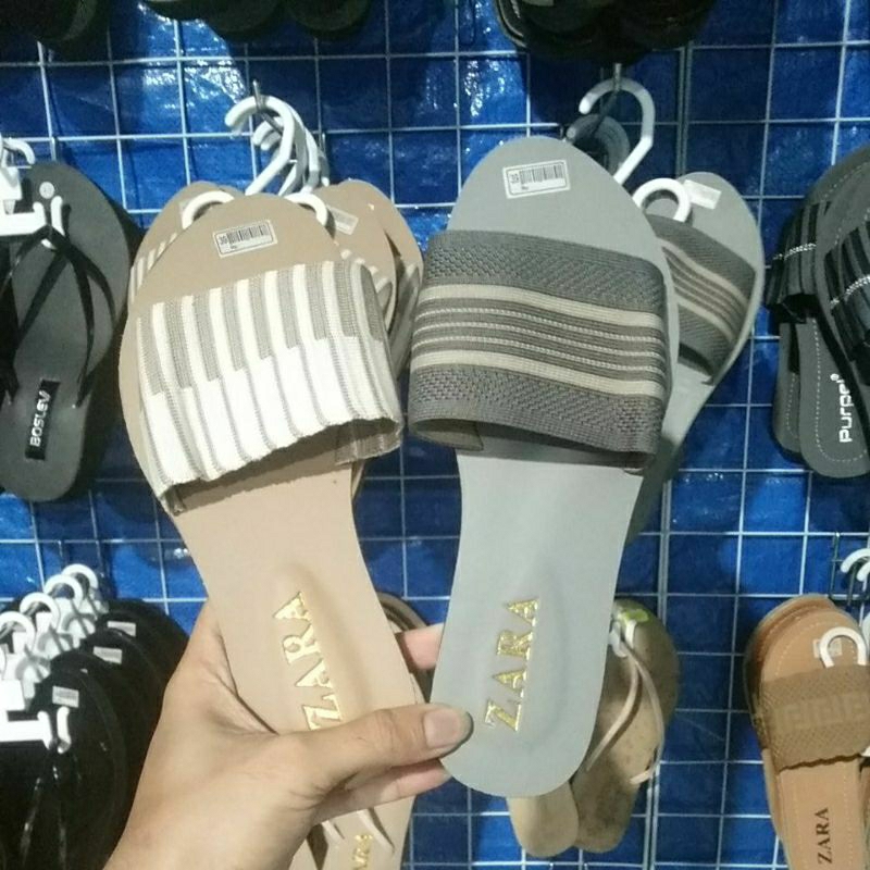 ZARA SANDAL WANITA SLOP KAIN GARIS