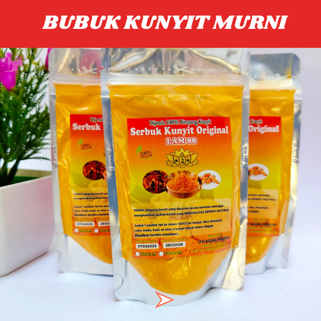 

KUNYIT BUBUK MURNI HALUS TANPA GULA KEMASAN 50GR