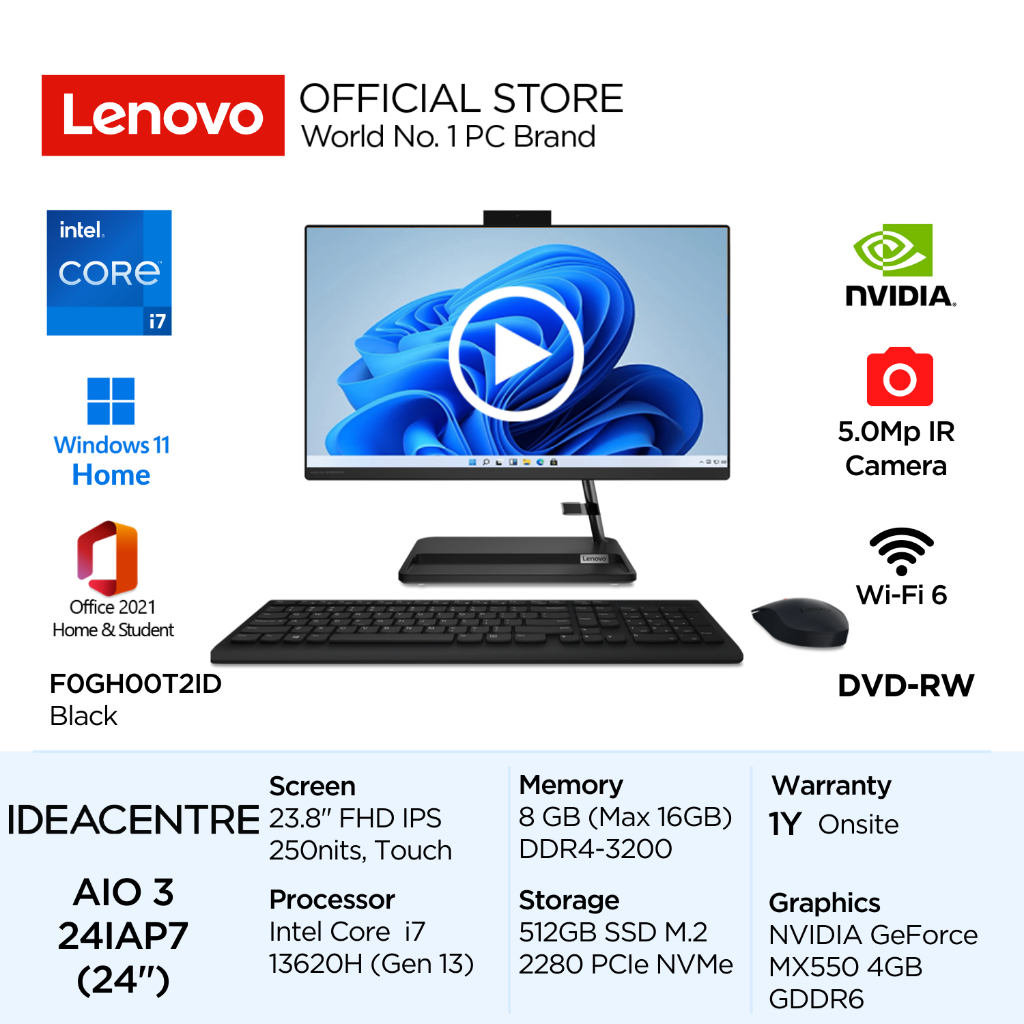 Lenovo PC IdeaCentre AIO 3i 24IAP7 Intel Core i7 13620H Win11 8GB 512GB SSD 23.8" FHD IPS Touch Anti