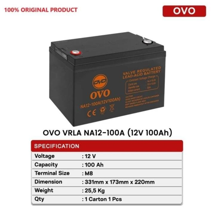 OVO VRLA 12V 100Ah/100 Ah M8 Aki Kering Baterai Battery ORIGINAL