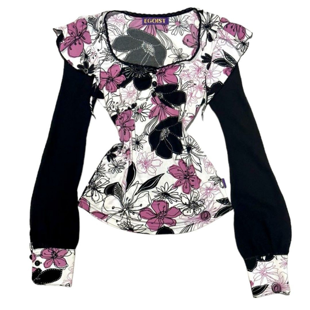 EGOIST Floral y2k Milkmaid Harajuku Longsleeve Ruffle Top | Puff Balloon Sleeve Cuff link Gothic Got