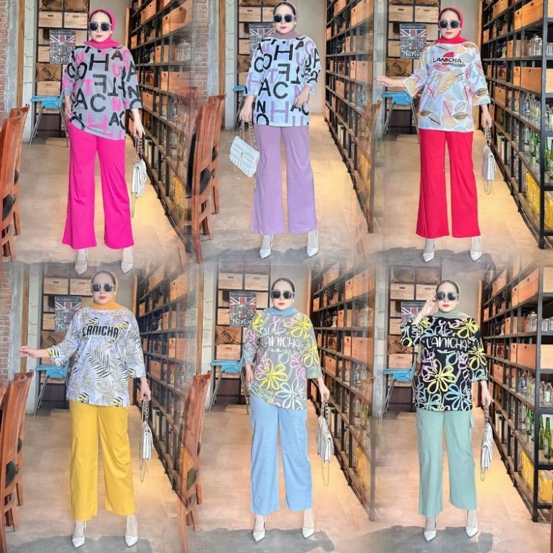 One Set Wanita Setelan Kaos Oversize Original Lanicha Terbaru