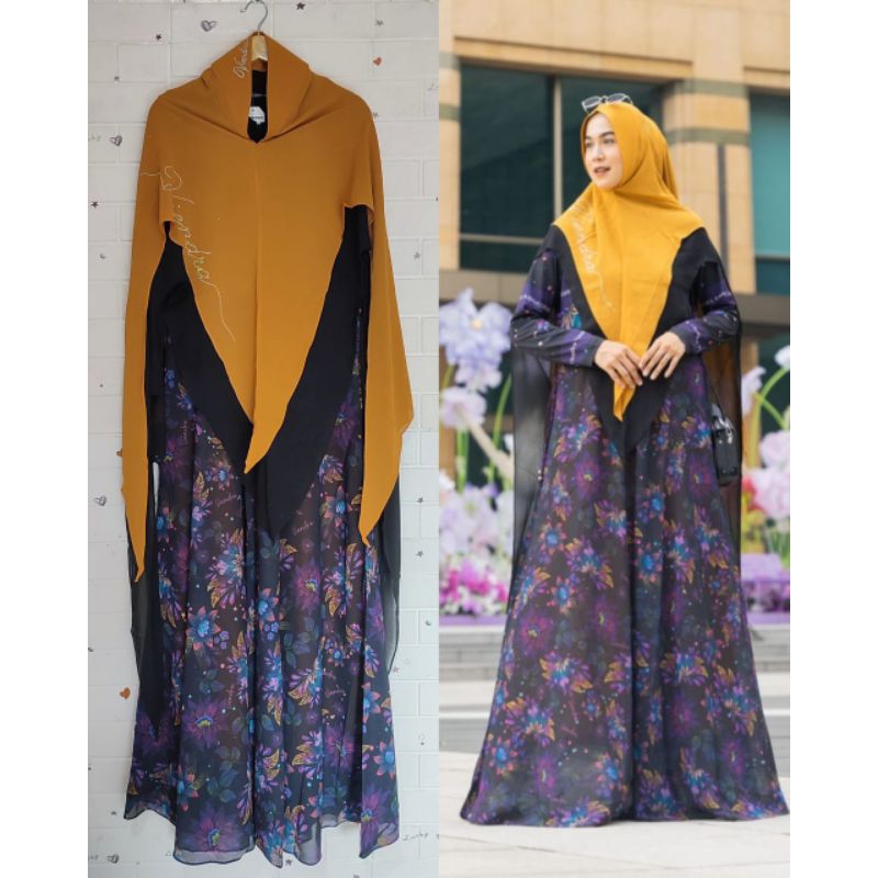 Karina Series By Viendra Syari Original Gamis Syar'i Ceruty Babydoll Printing Mix Jersey Polos Set K