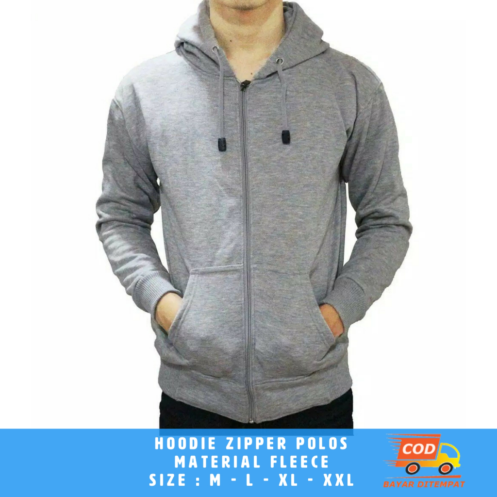 Jaket Polos Hoodie Zipper Pria Wanita Abu Muda