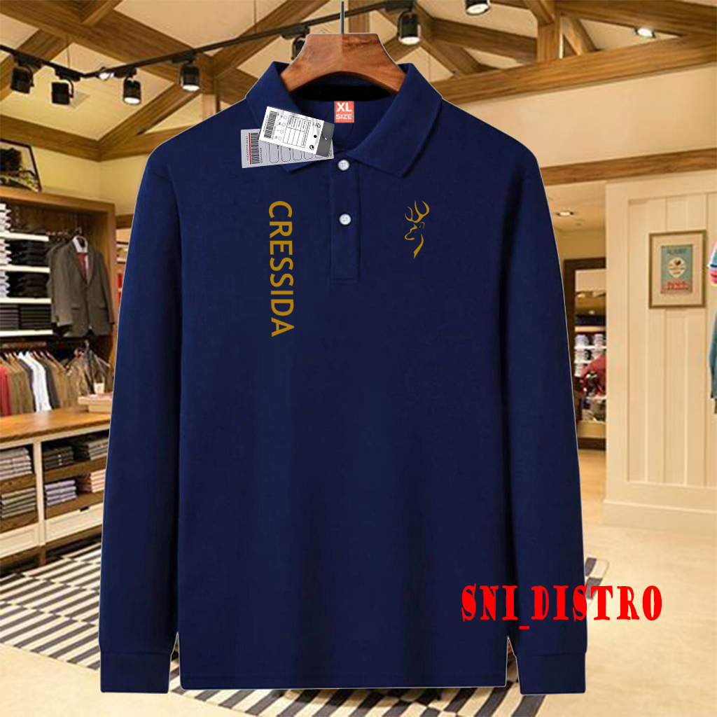 Kaos Polo Kerah Lengan Panjang Pria & Wanita Cressida Logo Kiri Kanan Text Gold / Premium Quality / 