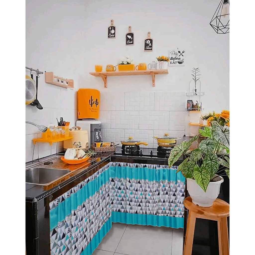 Gorden kolong dapur Motif piramid biru ( Premium ) | Tirai Dapur | Tirai kolong dapur | Bisa custom 
