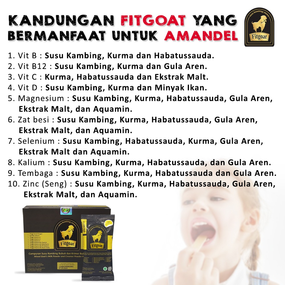 

Susu Kambing Etawa Fitgoat yang mengandung bahan herbal alami habbatussauda, kurma dan vitamin yang baik untuk meminimalisir amandel