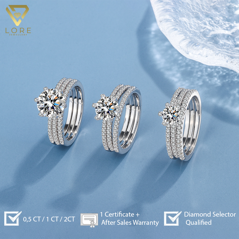 Lore Jewellery - 3 Lines Stackable Moissanite Ring 0.5 / 1.0 / 2.0 Carat [GRA Certificated and After Sales Warranty]
