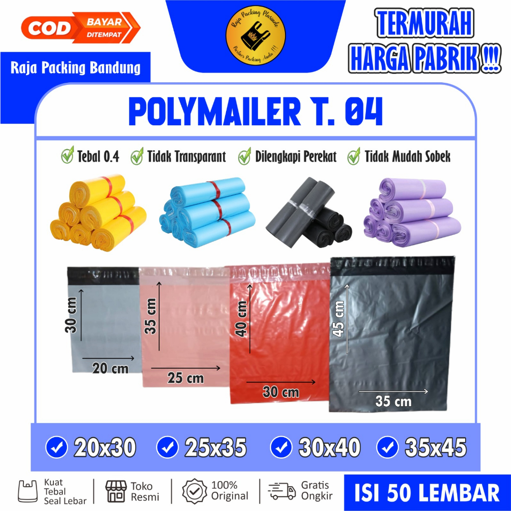 (isi 50) Plastik Packing Polymailer Tebal 0,4 Khusus Packing Ada Lem  Uk Uk 20x30, Uk 25x35, Uk 30x4
