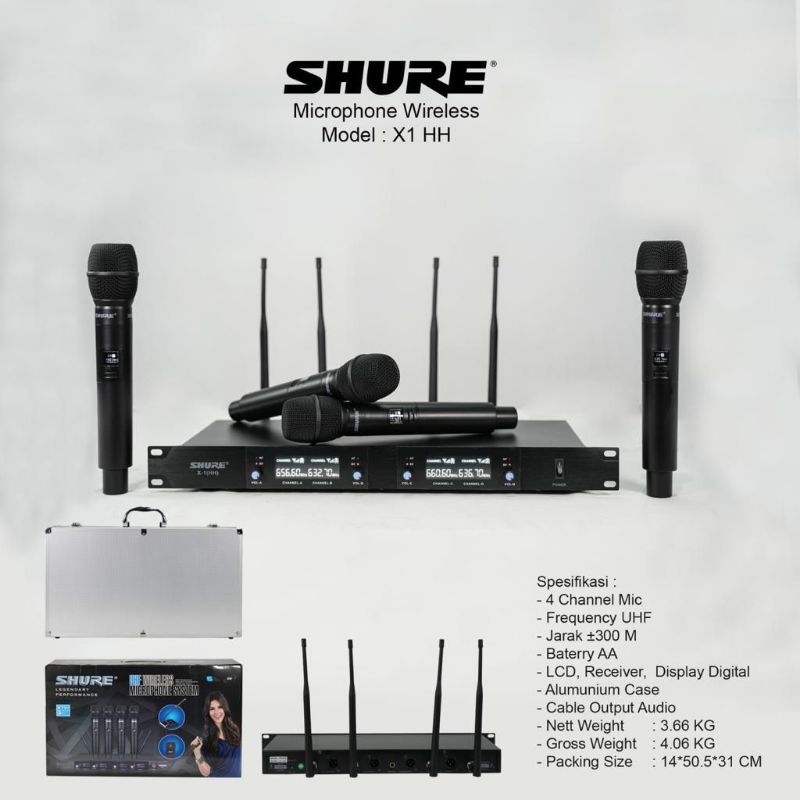 Mic wireless Shure X1 X 1 microphone 4 mic wireless pegang
