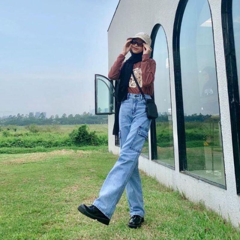 Highwaist Celana Jeans Cargo Wanita | CELANA CARGO JEANS WANITA | CELANA JEANS CARGO HIGHWAIST