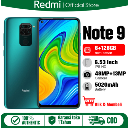 Redmi Note 9 ram 6 128GB Original 6.53inches 48+13MP FHD KAMERA Smartphone hp murah android 4G 5020mAh