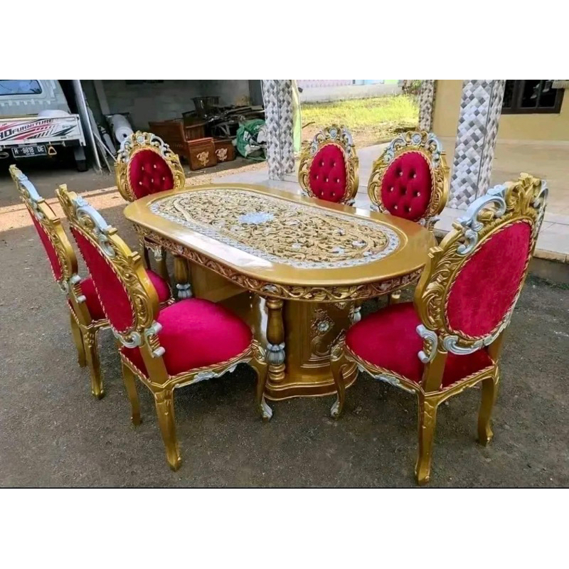 SET MEJA MAKAN MEWAH KAYU JATI ASLI  UKIR / SET MEJA MAKAN KURSI ENAM UKIR JEPARA